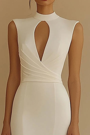 Ivory Sheath High Neck Long Engagement Dress with Slit